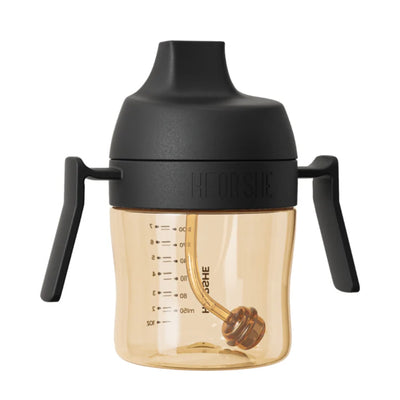 Copo de Treinamento Infantil com Canudo HEORSHE 210ML 6M+ Black - Sistema Antivazamento com Canudo 360°